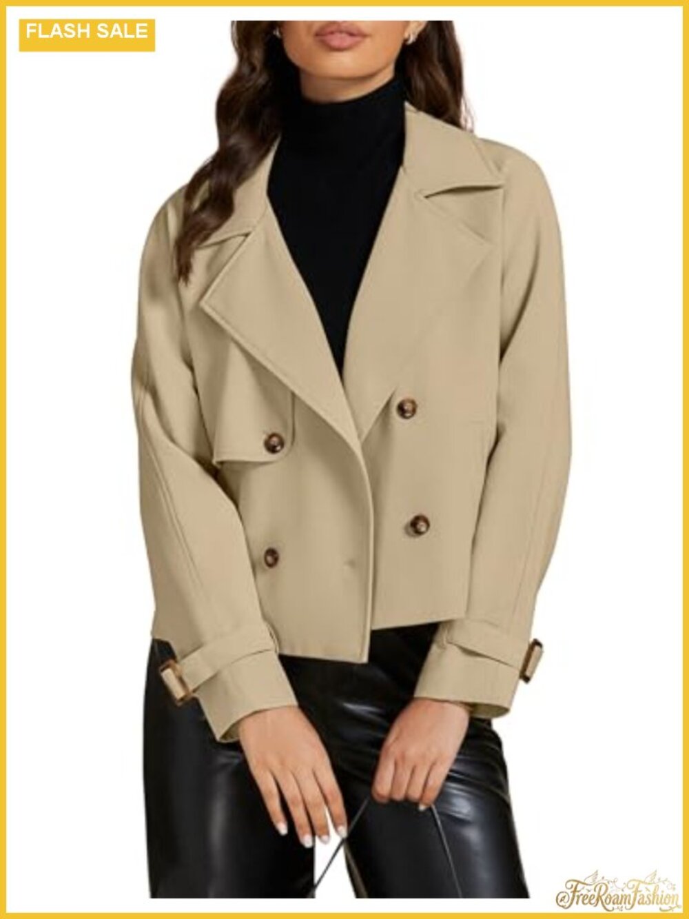 Cropped Trench Coat Women Double Breasted Notched Lapel Long Sleeve Loose Fit